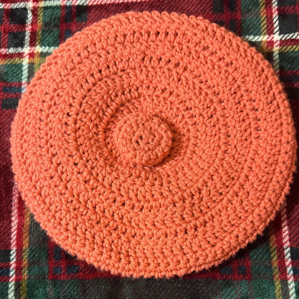 Orange Adult Knit Crochet Beret Hat